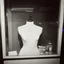 Placeholder: old polaroid of a deicate, embroidered display mannequin behind a window