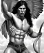 Placeholder: native american warrior, long black hair, big muscles, face up, mouth wide open, scream face, shirtless, looking to the sky