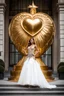 Placeholder: full body of a woman standing in front of a golden heart statue, miss universe, inspired by Emanuel de Witte, inspired by, promotional photoshoot, to infinity and beyond, in style of neodada, parade floats, sofia vergara, promotional material, the empress of licorice, campbell's soup can, in paris