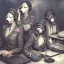 Placeholder: cute girls sitting at the computer in military gas masks. one of the girls is sticking out of the channel