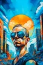 Placeholder: A surreal picture of a man wearing sun glasses looking at the camera with crystal visible chest in side it merge a big city buildings. Busch painting style , mystery, anger oil rough brush with thick colors, wearing nucleus with big cross on his chest , blue colors picture with colorful clouds and hanging a gudrone in the sky from a distance