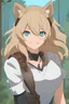 Placeholder: Young woman with dirty blonde hair, cougar ears, vivid light blue eyes, wearing animal hides, smiling, smirking, forest background, RWBY animation style