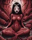 Placeholder: Petit weird woman crushed inside really darkred fleshy stomach filled with digestive juices, sit pose, fullbody, screaming, tears, Junji Ito style, darkred tones,