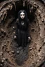 Placeholder: Closeup tall Girl goth with big eyes, fullbody, ragged clothes, behind her mud and rats, extended like roots, the perspective looking up from the bottom of an empty well , 8k,macro photography,