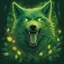 Placeholder: Vivid green wolf covered in vines and leaves opening their mouth and firing a beam of glowing gold and green out, in scribble art style, background forest