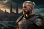 Placeholder: photorealistic portait of henry cavell as viking with blonde undercut tribal tattoos wearing modern mercenary uniform fantasy dark cityscape