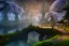 Placeholder: Immersive​ fantasy elven town city in the deep forest with ancient elder tree beautiful blossom nature river 4k full hd