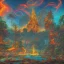 Placeholder: A large and ancient temple made of glowing fire and lava in the middle of a beautiful and large lake full of mermaids with beautiful rainbow-colored tails in the middle of a thick and green forest and surrounded by tall and sturdy trees, complete painting elements And with fine and detailed details, neon color and happy colors, crescent moon and many stars in the sky, painting view from afar, full HD, 8K, 16K, 24K