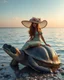 Placeholder: best angle photoshoot full body beautiful Mermaid sitting on ridding large turtle,she wearing luxurious shimmer hat large made from borroque elements flowers sea, sea shore.Sony Alpha 7 50mm realistic photography