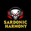 Placeholder: minimalist logo for rock band jaundiced yellow text "SARDONIC HARMONY" in a futuristic font, sinister evil marshmallow head with headphones and red flames silhouette, dark negative space, stylish, wow factor