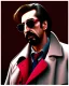 Placeholder: hans gruber wearing a trench coat and red sunglasses staring with a judgmental look on his face