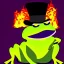 Placeholder: frog wearing a top hat watching flowers burn with a purple flame, digital art