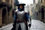 Placeholder: (photo from a movie by Lyon Sprague de Camp) a medieval grey ranger as investigator in the mysterious streets of the old city, close to The Goblin Tower, dust, staff, the danger is never far in the shadows of the streets