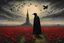 Placeholder: Childe Roland to the Dark Tower Came, standing in a field of red roses, a crow is flying; style Caspar David Friedrich