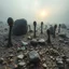 Placeholder: A striking quality close-up photograph captures a wasteland with odd stones, odd spindle-shaped objects, spooky, creepy, details of the dust very accentuated, glossy, organic, adorned with minerals and rocks, fog. Bathed in feeble light, eerie, Max Ernst style, black sun, fog