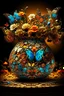 Placeholder: 83. digital painting, magic vase woven from butterflies and caramel fractals, rhinestones, radiance, patterns on the tablecloth, bouquet of butterflies, high detail, high resolution, contrast