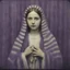 Placeholder: Virgin mary,purple fur, striped wallpaper, old autochrome