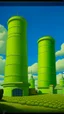 Placeholder: Lime green aero towers in the cloudy sky painted by Grant Wood