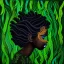 Placeholder: Painting .the face of A young black woman. A wood nymph emerging from the forest. Her hair looks like vines. Dreadlocs. Her skin is the colour of dark soil. Her skin looks like tree bark. Her clothing is made of vines, grass and leaves.