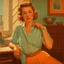 Placeholder: realistic oil painting of woman in messy blouse pointing to her neck, 1950s architecture interior house, art deco furniture visible. peach orange and cyan interior