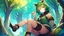 Placeholder: Girl, green hair, raccoon ears, raccoon tail, raccoon face, forest, sit on tree, raccoon paws on hand, paws on foot