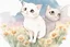 Placeholder: two cute anime chibi cats on either side of the picture looking at a pigeon in the top centre of the picture, flying with an envelope in its mouth in sunshine, flowerfield, watercolor and black ink outlines, ethereal, cinematic postprocessing, bokeh, dof