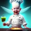 Placeholder: a happy human baby chef called tobias leander with no hair,halo, wings, drinking, sitting in chair, photo realistic spray painting, book cover illustration