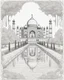 Placeholder: a coloring book, coloring page, depicting the Taj Mahal, with a scene of trees and a pool in front, cartoon style, highly defined, full body,