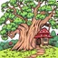Placeholder: outline art for square twisted old oak tree mushroom cottage full vivid colored page for kids, classic manga style, anime style, realistic modern cartoon style, full color background, sketch style, only use outline, clean line art, no shadows, clear and well outlined