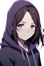 Placeholder: An anime girl with shoulder-length dark hair, brown eyes, dressed in a black hoodie and purple sleeves