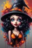 Placeholder: Betty Boop as a beautiful Halloween witch. graffiti art, splash art, street art, spray paint, oil gouache melting, acrylic, high contrast, colorful polychromatic, ultra detailed, ultra quality, CGSociety