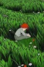 Placeholder: A lonely man is hugging his knees and sleeping in the meadow, cartoon style- anime