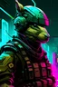 Placeholder: capybara soldier with rilfe M4 with helmet with neon background color with text Szczepan with cyberpunk style