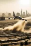 Placeholder: make a plane flying over a city throwing some sahara dust