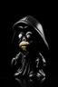 Placeholder: 1950s goofy vinyl toy of skull face character wearing a black hooded cloak, drawn in a early animation rubber hose animation style, inside a diamond shape on a black background, monochromatic