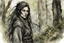 Placeholder: ink wash and watercolor illustration of an ancient grizzled, gnarled female vagabond wanderer, long, black hair streaked with grey, highly detailed facial features, sharp cheekbones. Her eyes are black. She wears weathered roughspun Celtic clothes, emaciated and tall, with pale skin, full body , thigh high leather boots within a forest of massive ancient oak trees in the comic book style of Bill Sienkiewicz and Jean Giraud Moebius , dramatic natural lighting, rich, vibrant earth tone colors