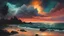 Placeholder: "Thunderstorm over an ocean, cosmic sunset, black shore with rocks and trees in the front"