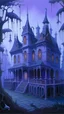 Placeholder: A purple haunted mansion filled with ghosts painted by The Limbourg brothers