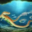 Placeholder: beautiful, stunning paleoart of masosaurus with alligator head and eel body, underwater, coral reefs, plants, in the style of eleanor kish, davide bonadonna, julius csotony, fabio pastor, wide field of view, Masosaurus, photorealistic, illustrative, digital art, 8k resolution, detailed matte, painting, artwork, deviantart