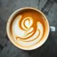 Placeholder: close up top-down view of a latte with a maximal abstract design by Joan Miro formed in the milky foam, professional photography, looks like an advertising campaign photo, delicious