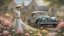 Placeholder: A mysterious place, a classic car, two women, among flowers