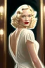 Placeholder: beautiful portrait of a 20s movie star queen with blonde hair entering a gala