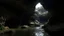 Placeholder: dark rock cave, looking upward as the cave continues upward. A stream runs down the the left side, lined by a small dam, in the style of jordan grimmer