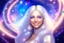 Placeholder: very beautiful cosmic women with white long hair, little smile, with cosmic silver metallic suite and brightly earings. in the background there is a bautiful sky with stars and light beam