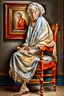 Placeholder: an old wrinkled woman sitting on a wooden chair, half dressed in dropped cloth, she is on display in a high end white art gallery, she is quite and no emotions, the original painting of Venus is on display on the wall, .ultra realistic photo,. highly detailed 32k, strange and weird modern art creation, surrealistic image