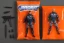 Placeholder: Mike Pence G.I. Joe action figure Space force uniform inside a blister packaging hanging on a Wallrack in toystore, fluorescent orange, toy guns, wide angle shot whole body, black moonboots, fullsize