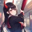 Placeholder: Clear focus,High resolution, Black long hair, Red eyes, Red horns, Wearing a black and red sailor uniform, Swinging a baseball bat, Looking away from the viewer