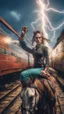 Placeholder: fisheye lense, hypnotic portrait of a yoga instructor on a horseback,flashy magazine cover, fallout 4 docks setting, horror weird cowboy wizard cyberpunk weasel in female garments on top of train ,holding dynamite, getting hit by lightening electric arc, with big disturbed eyes,bokeh like f/0.8, tilt-shift lens 8k, high detail, smooth render, down-light, unreal engine, prize winning