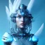 Placeholder: A beautiful portrait of a cute cyborg woman blue color scheme, high key lighting, volumetric light high details with white stripes and feathers and indian paterns and wimgs