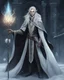 Placeholder: a young High Elf frost Wizard with long wiry hair, wearing a black trimmed white nobleman's robe and frost ornaments on clothes, holding an ornate wizard's staff.